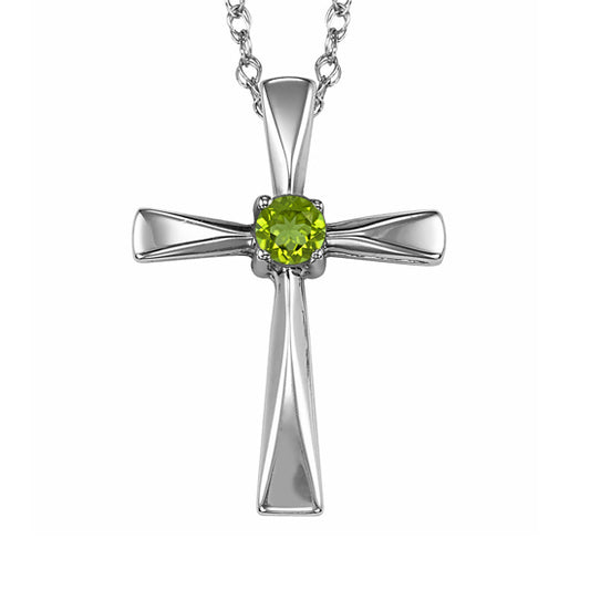 Silver Cross Birthstone Pendant  - Peridot - August