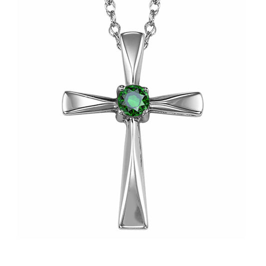 Silver Cross Birthstone Pendant  - Emerald - May