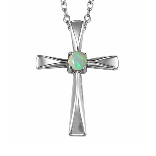 Silver Cross Birthstone Pendant  - Opal - October