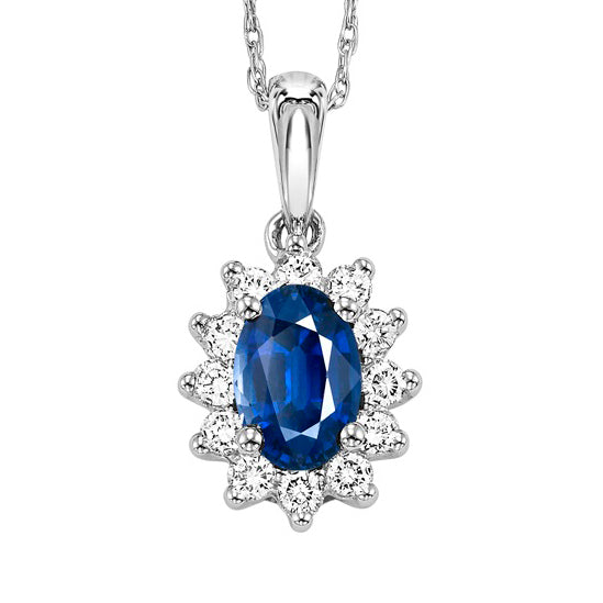 14K Lady Di Diamond & Sapphire 6X4 Oval Pendant