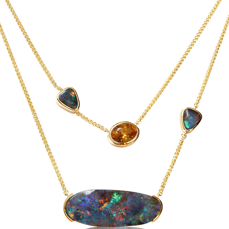 14K Yellow Gold Australian Boulder Opal/Mandarin Garnet Neckpiece