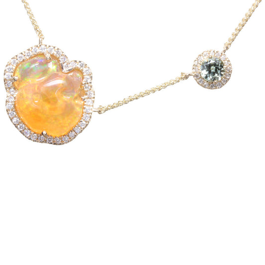 14K Yellow Gold Mexican Fire Opal/Mint Garnet/Diamond Neckpiece