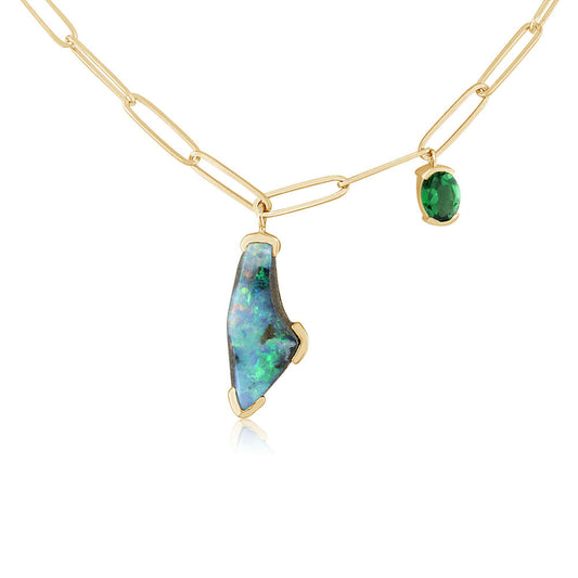 14K Yellow Gold Australian Boulder Opal/Tsavorite Charm Neckpiece