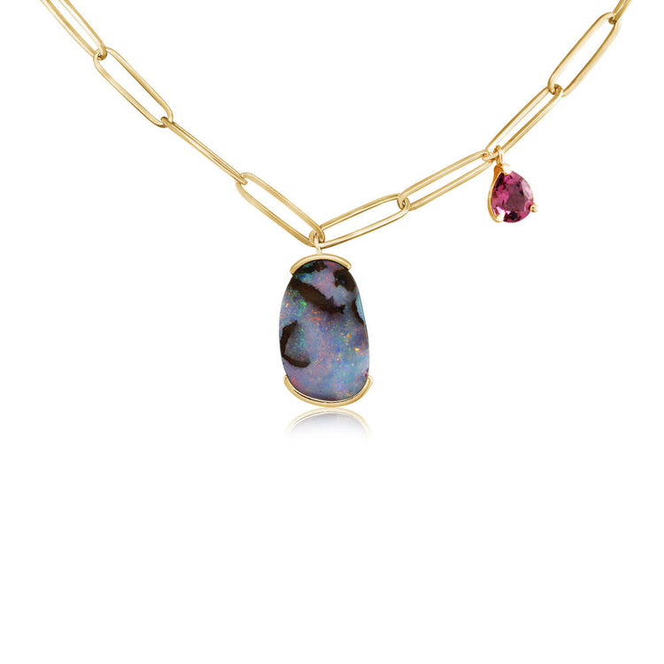 14K Yellow Gold Australian Boulder Opal/Pink Tourmaline Charm Neckpiece