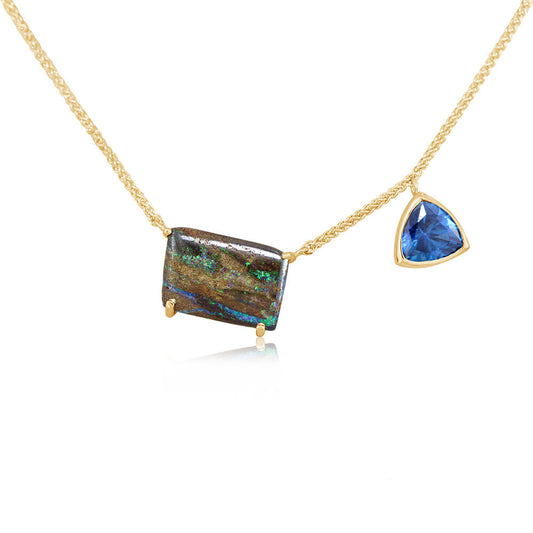 14K Yellow Gold Australian Boulder Opal/Kashmir Blue Topaz Charm Neckpiece ,