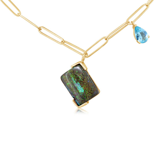 14K Yellow Gold Australian Boulder Opal/Apatite Charm Neckpiece