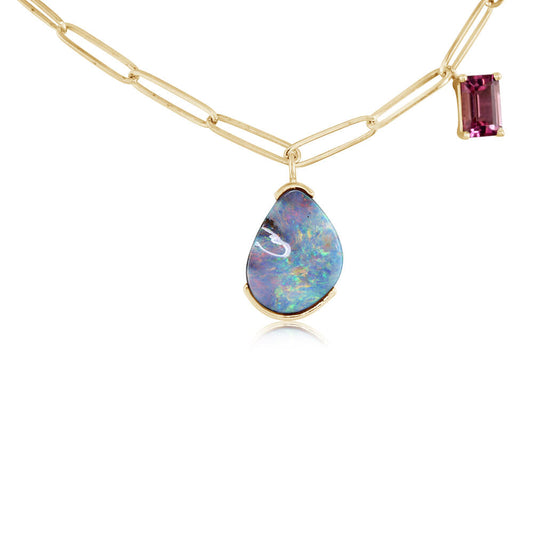 14K Yellow Gold Australian Boulder Opal/Pink Tourmaline Charm Neckpiece