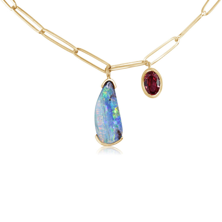 14K Yellow Gold Australian Boulder Opal/Orange Sapphire Charm Neckpiece