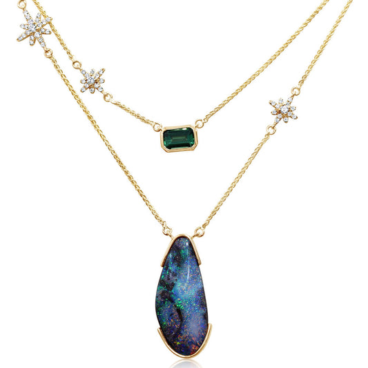 14K Yellow Gold Australian Boulder Opal/Tsavorite/Diamond Neckpiece