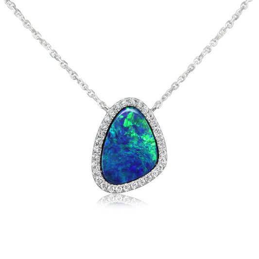 14K White Gold Australian Opal Doublet/Diamond Neckpiece