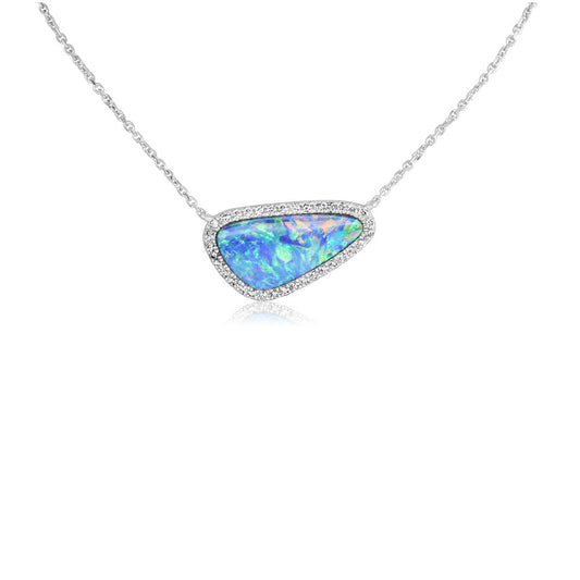 14K White Gold Australian Opal Doublet/Diamond Neckpiece