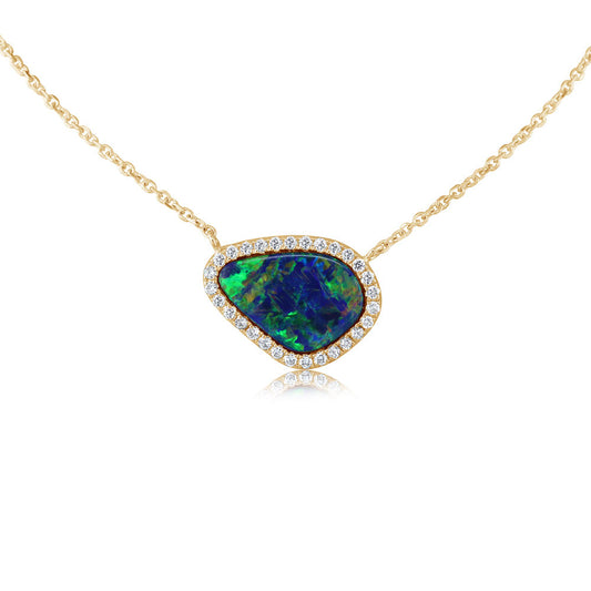 14K Yellow Gold Australian Opal Doublet/Diamond Neckpiece