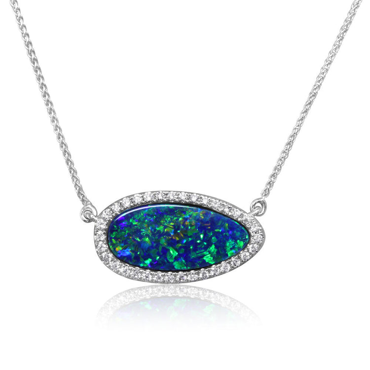 14K White Gold Australian Opal Doublet/Diamond Neckpiece