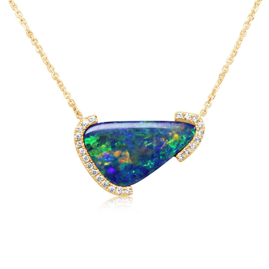 14K Yellow Gold Australian Opal Doublet/Diamond Neckpiece