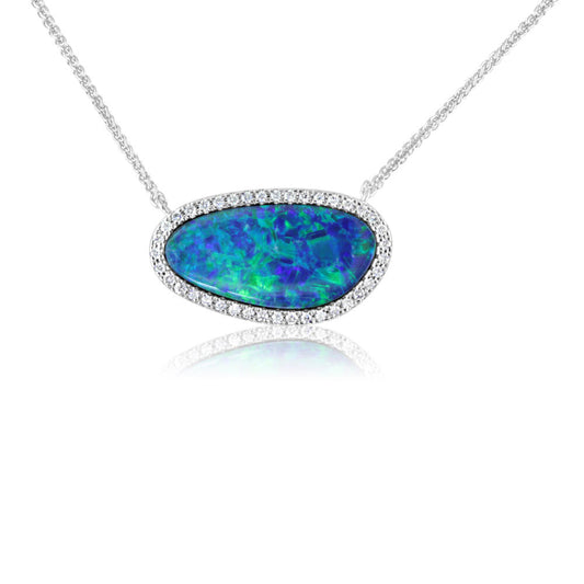 14K White Gold Australian Opal Doublet/Diamond Neckpiece