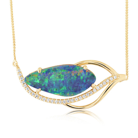 14K Yellow Gold Australian Opal Doublet/Diamond Neckpiece