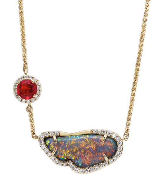 18K Yellow Gold Australian Black Opal/Fire Opal/Diamond Neckpiece