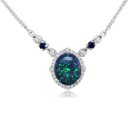 18K White Gold Australian Black Opal/Blue Sapphire/Diamond Neckpiece ,H