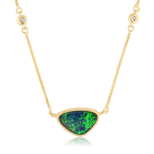 14K Yellow Gold Australian Opal Doublet/Diamond In Chain Neckpiece