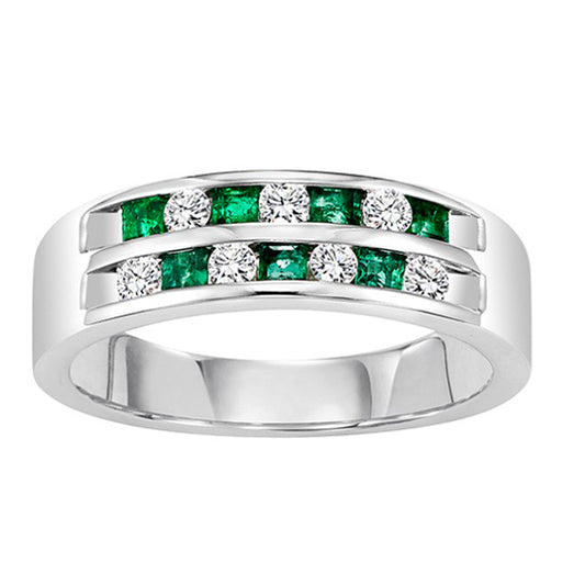 14K Channel Set Two Row Diamond & Emerald Band