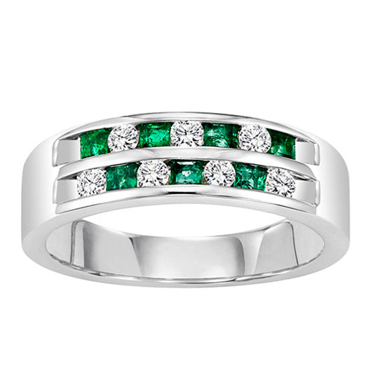 14K Channel Set Two Row Diamond & Emerald Band