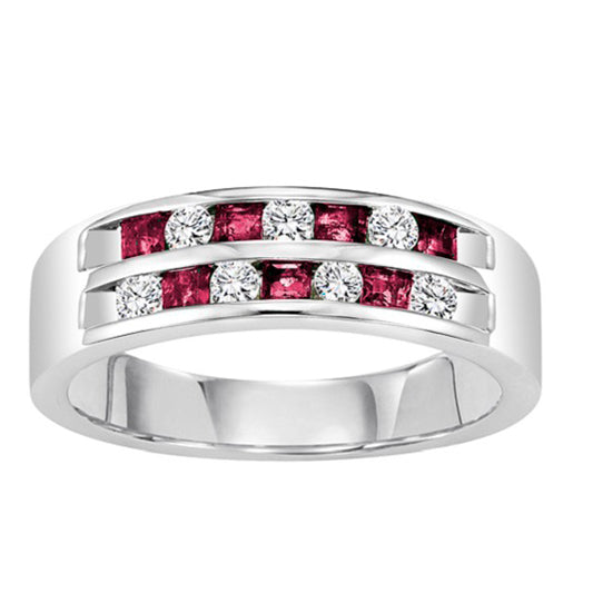 14K Channel Set Two Row Diamond &Ruby Band