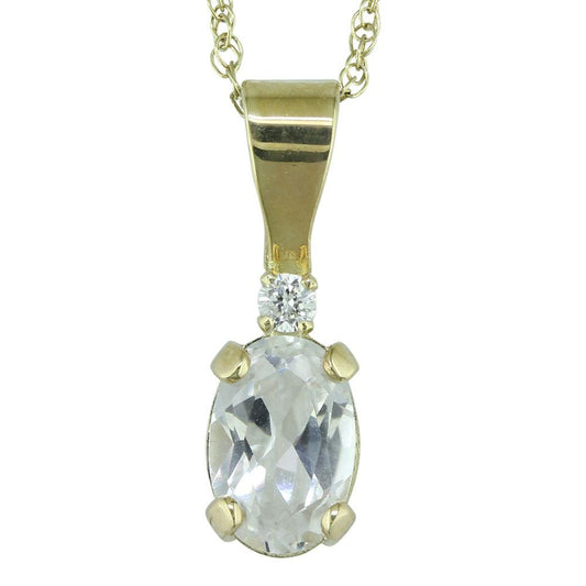 14K Yellow Gold 4x6 Oval Created White Sapphire/Diamond Pendant with Chain