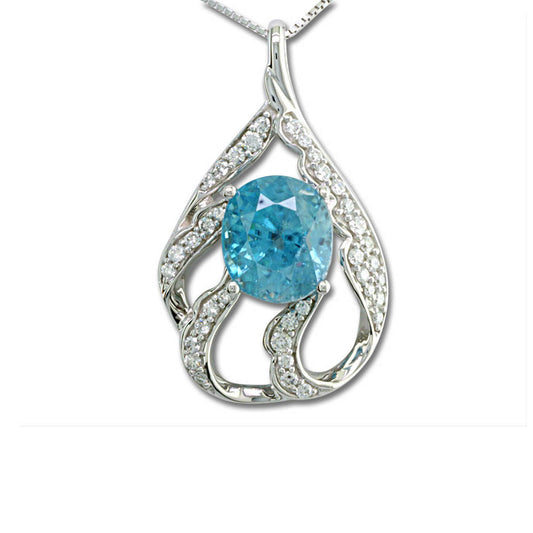 18K White Gold Blue Zircon/Diamond Pendant