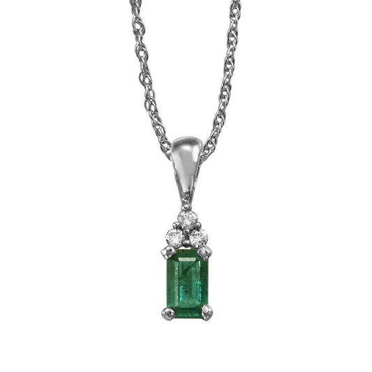 14K White Gold Emerald/Diamond Pendant (with Chain)