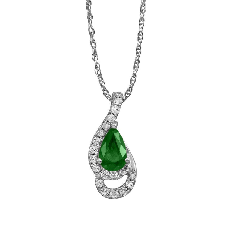 14K White Gold Emerald/Diamond Pendant (With Chain)