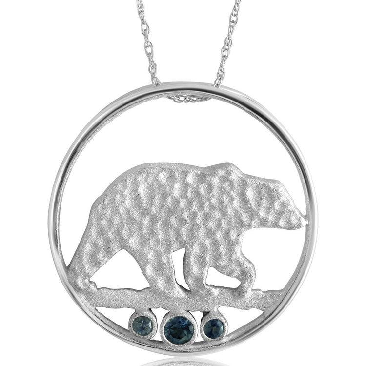 Sterling Silver Bear Montana Sapphire Pendant(3-Stones) with Chain