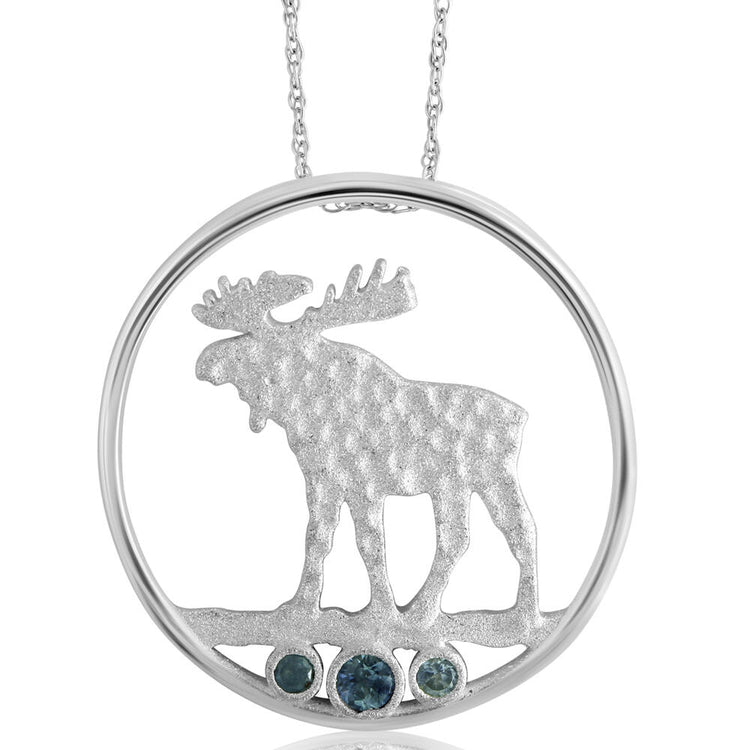 Sterling Silver Moose Montana Sapphire Pendant(3-Stones) with Chain