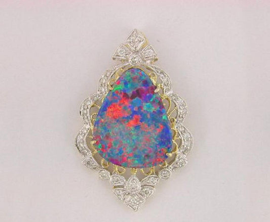 14K Yellow Gold Australian Opal Doublet Filagree Pendant with Diamond