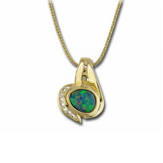 14K Yellow Gold Australian Opal Doublet Pendant with Diamond