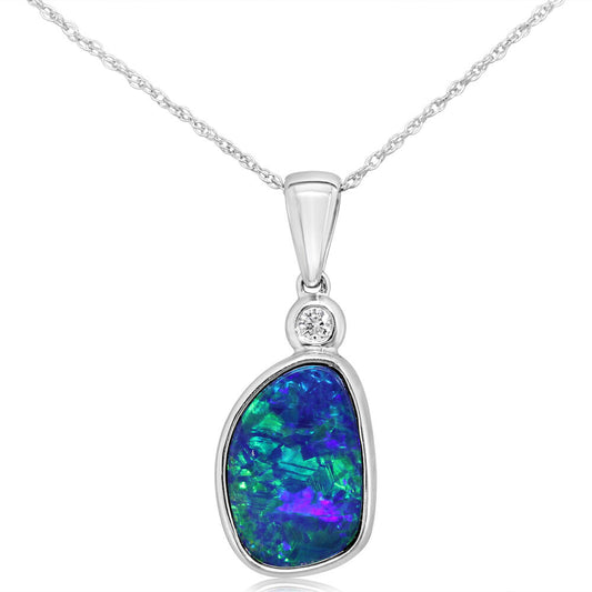 14K White Gold Australian Opal Doublet/Diamond Pendant