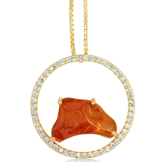 14K Yellow Gold Mexican Fire Opal/Diamond Pendant