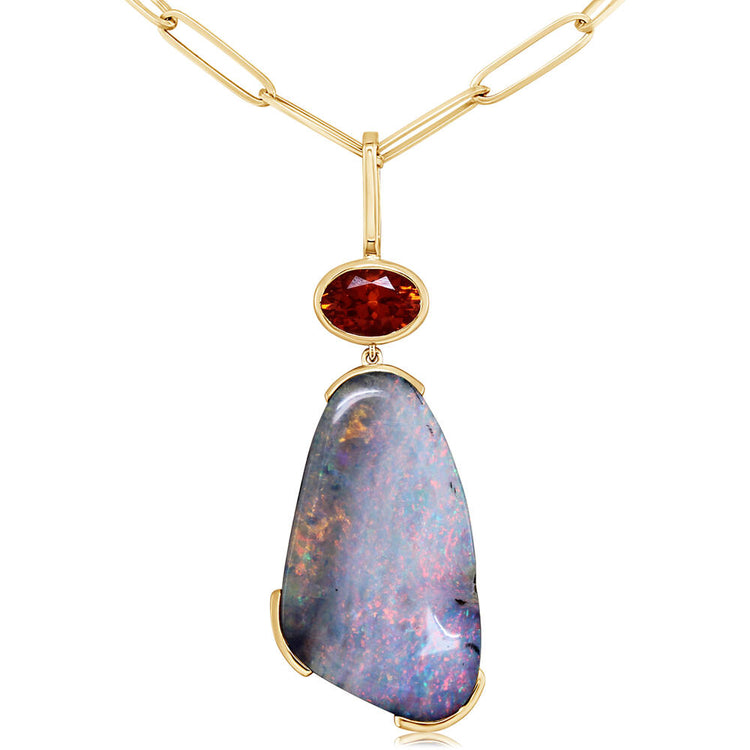 14K Yellow Gold Australian Boulder Opal/Mandarin Garnet/ Pendant