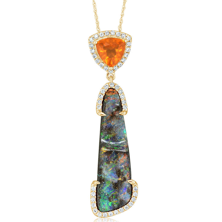 14K Yellow Gold Australian Boulder Opal/Fire Opal/Diamond Pendant