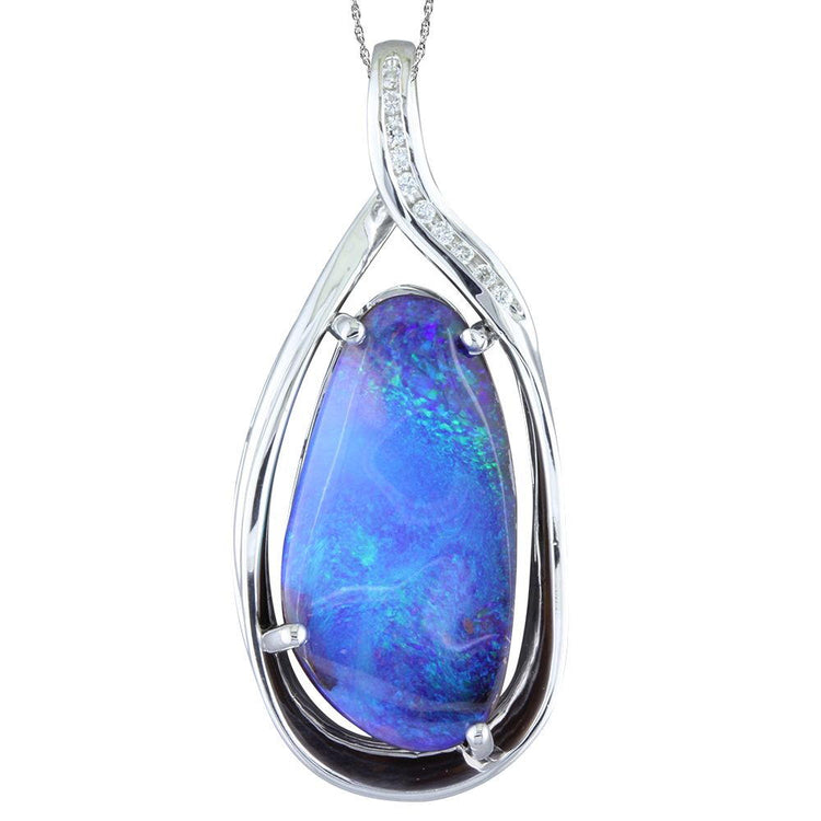 14K White Gold Australian Boulder Opal/Diamond Pendant