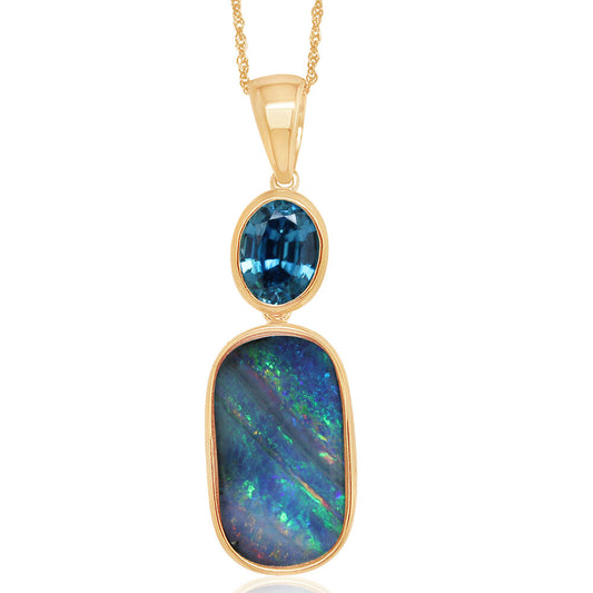 14K Yellow Gold Australian Boulder Opal/Blue Zircon Pendant