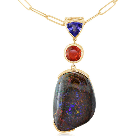 14K Yellow Gold Australian Boulder Opal/Tanzanite/Fire Opal/ Pendant ,H