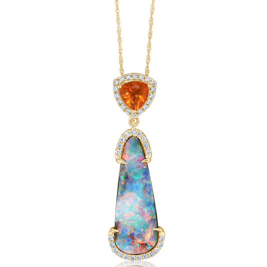 14K Yellow Gold Australian Boulder Opal/Fire Opal/Diamond Pendant