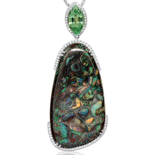 14K White Gold Australian Boulder Opal/Blue-Green Tourmaline/Diamond Pendant