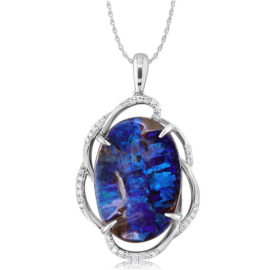 14K White Gold Australian Boulder Opal/Diamond Pendant