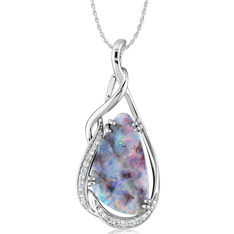 18K White Gold Boulder Opal/Diamond Pendant