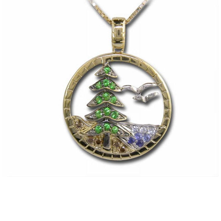 14K White and Yellow Gold Graduated Blue Sapphire Lake, Tsavorite Tree, Brn Diamond & Bird Pendant