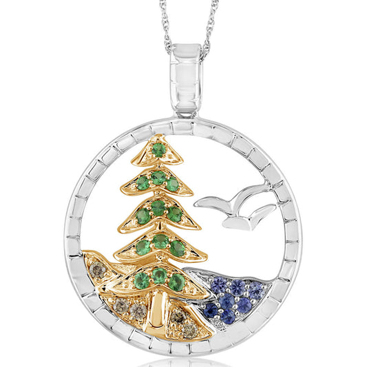 Sterling Silver /14K Yellow Gold Graduated Blue Sapphire Lake, Tsavorite Tree, Brn Diamond & Bird Pendant