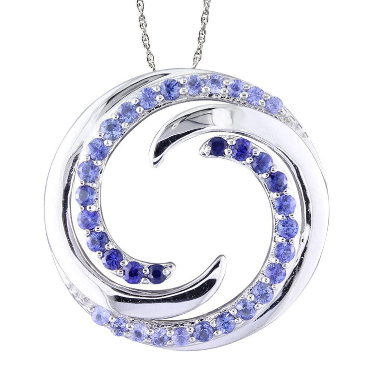 14K White Gold Graduated Blue Sapphire Wave Pendant