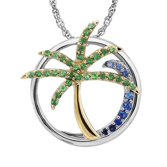 Sterling Silver /14K Yellow Gold Graduated Blue Sapphire/Tsavorite Palm Tree Wave Pendant