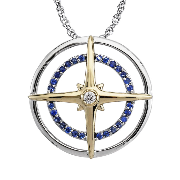 Sterling Silver /14K Yellow Gold Blue Sapphire/Diamond Compass Pendant